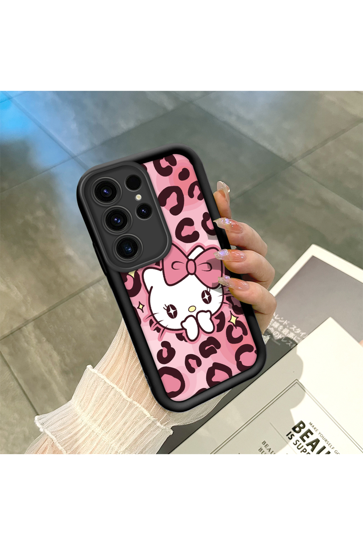 Samsung Galaxy S23 Ultra Compatible Black High Quality Silicone Leopard Pattern Kitty Pouch