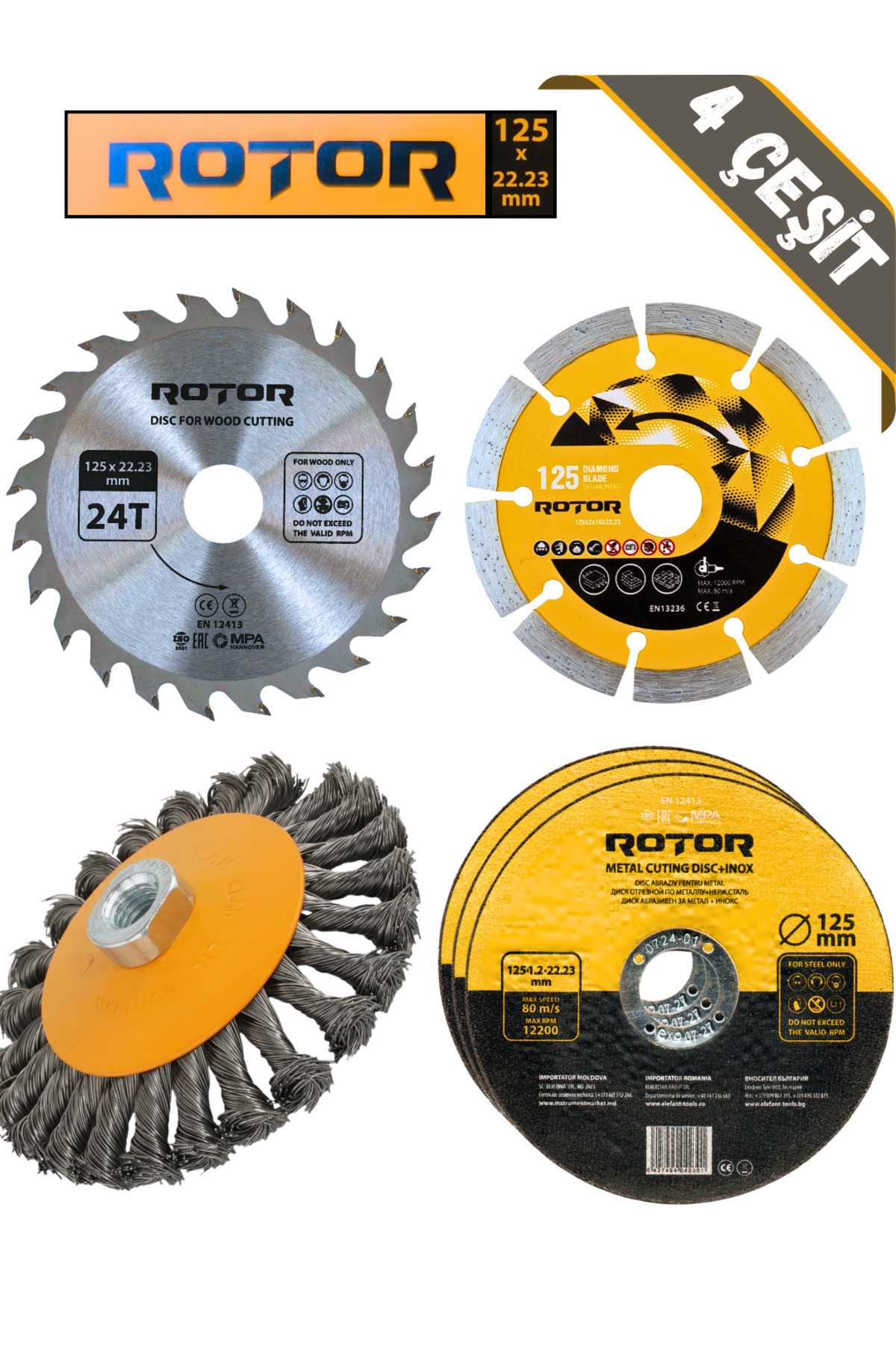 Rotor 6'lı Disk seti 125x22,23 Metal+Seramik+Ahşap 6 parça