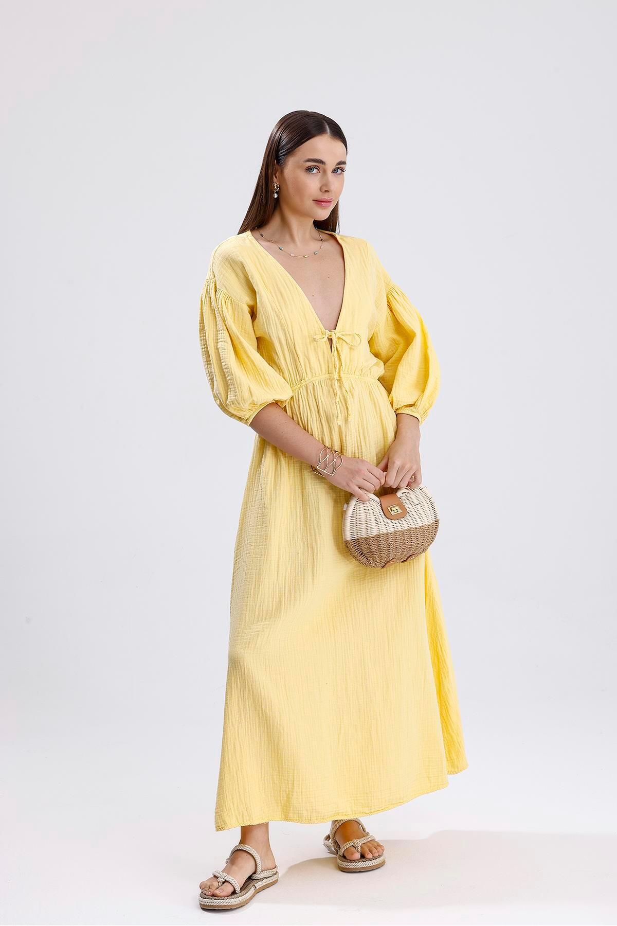 Women's Yellow Comfort Model V-Neck Balloon Sleeve Muslin Dress Tied Waist Ruched A-Cut Long Dress