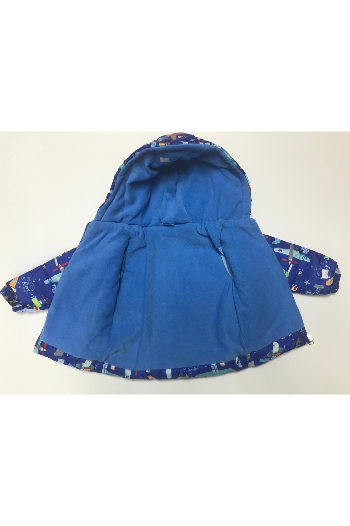 Baby Slon Kids Clup Kışlık fermuarlı kapüşonlu içi polar astarlı uçak desenli su rüzgar geçirmez erkek bebek çocuk mont fotoğrafı 2 (önizleme)