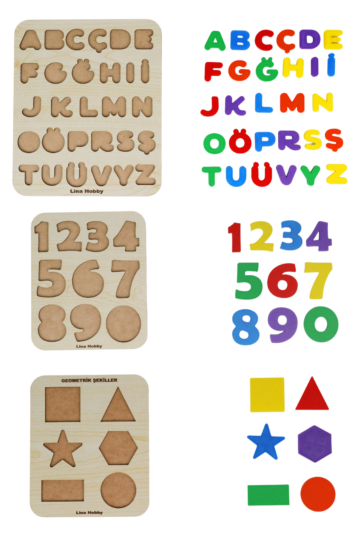 lina hobby Eğitici Puzzle Seti – Türkçe Alfabe + Sayılar + Geometrik Şekiller 3 lü Set | Montessori Öğretici fotoğrafı 2 (önizleme)
