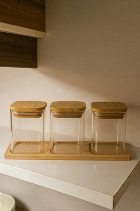miras home Bambu Stant Tepsili ve Bambu Kapaklı 3'lü Kare Cam Baharatlık, Kav...
