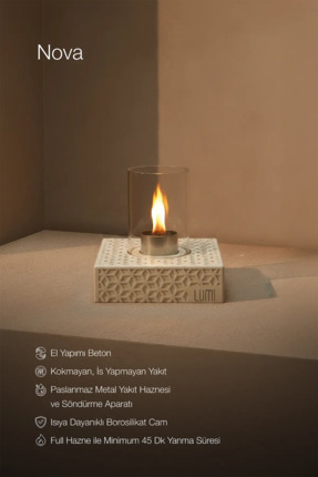 lumi atelier Lumi Nova No:1 – Masaüstü Bacasız Beton Şömine (Camlı) + 1 L Bio...