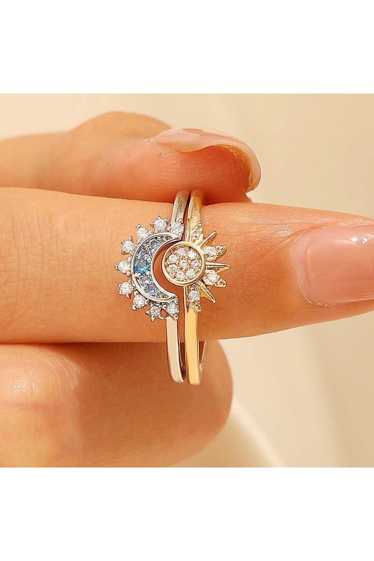Gold Color Women's Ring with Sun Moon Figure Gemstone – Adjustable Dear Friend Friend Ring
