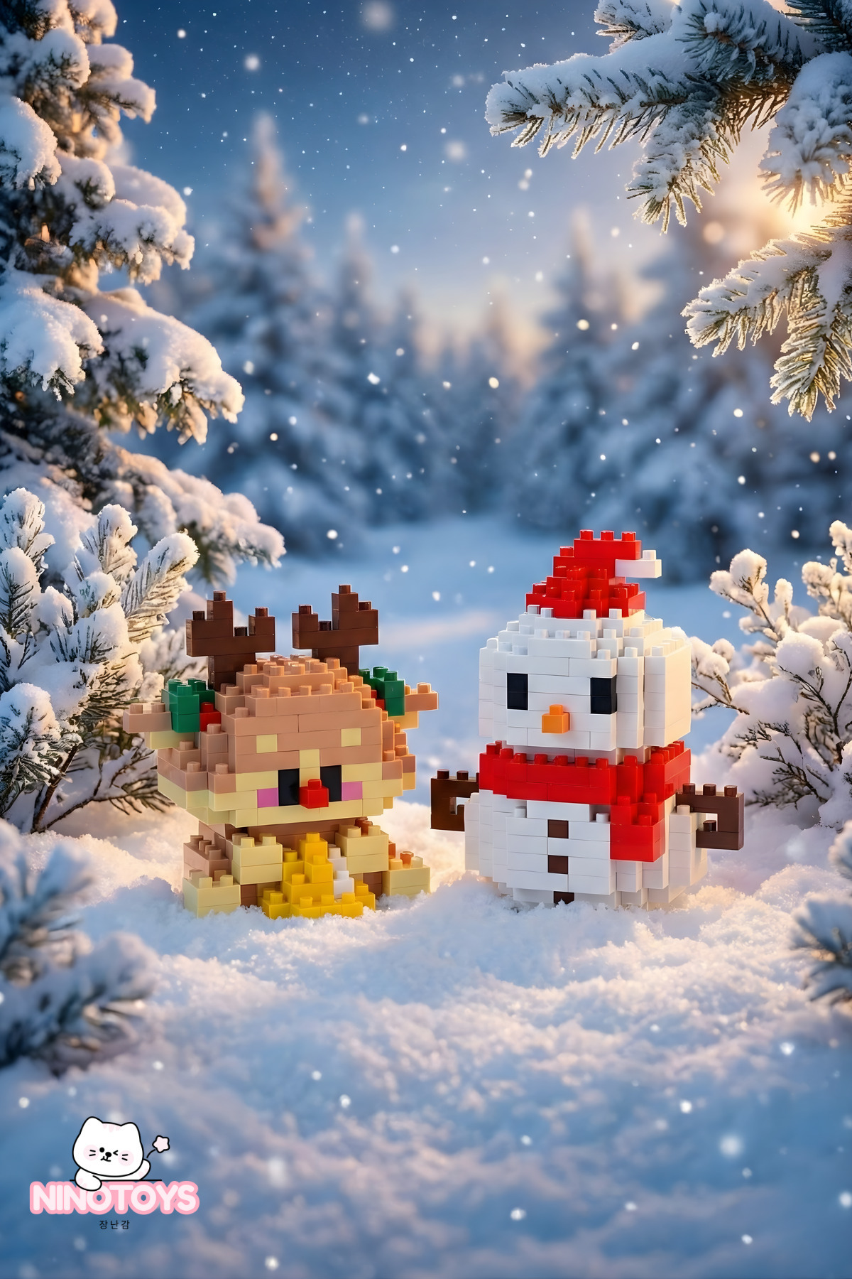 NinoToys Bricks Yılbaşı Özel Seri Mini Yapı Oyuncak Kardan Adam ve Geyik 2'li Set