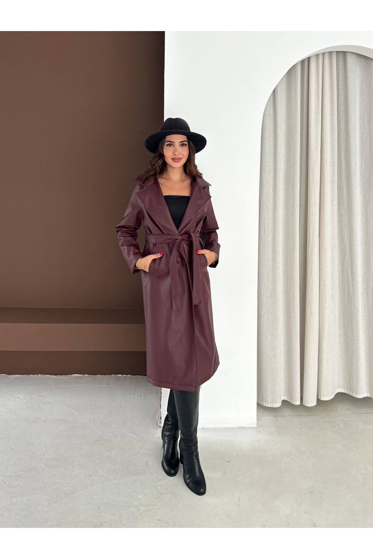 MODA CESE  DERİ TRENÇ UZUN KEMERLİ PALTO