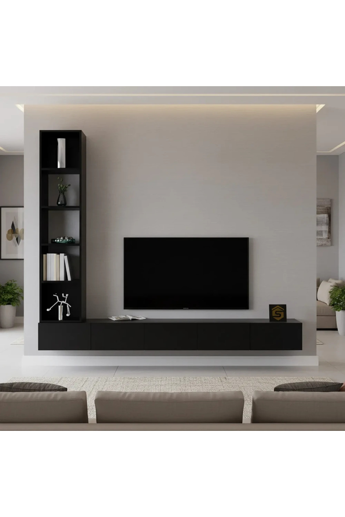 طاولة تلفزيون معلقة باللون الاسود مع أرفف جانبية م...