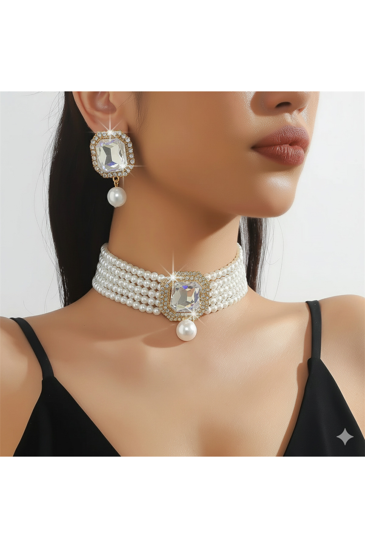 Büyük Kare Kristal Taşlı ve İnci Sallantılı Çok Sıralı Choker Abiye Set
