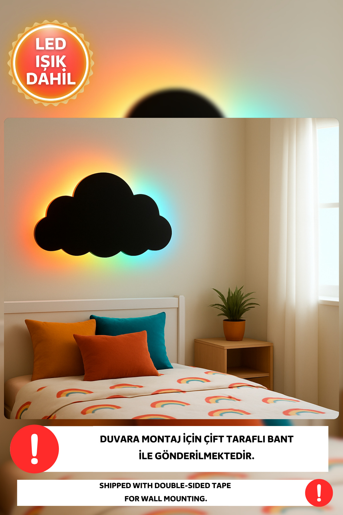 Dekorvin 1 Adet Bulut RGB Gece Işıklı Ay Lambası Bebek Çocuk Odası Duvar Dekorasyonu Aydınlatma Ahşap Lamba fotoğrafı 3 (önizleme)