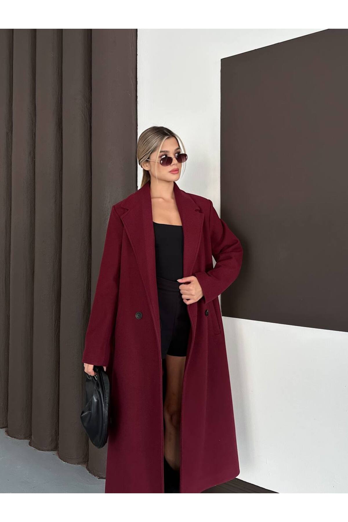 Manteau en cachemire femme bordeaux avec ceinture - Görsel 6