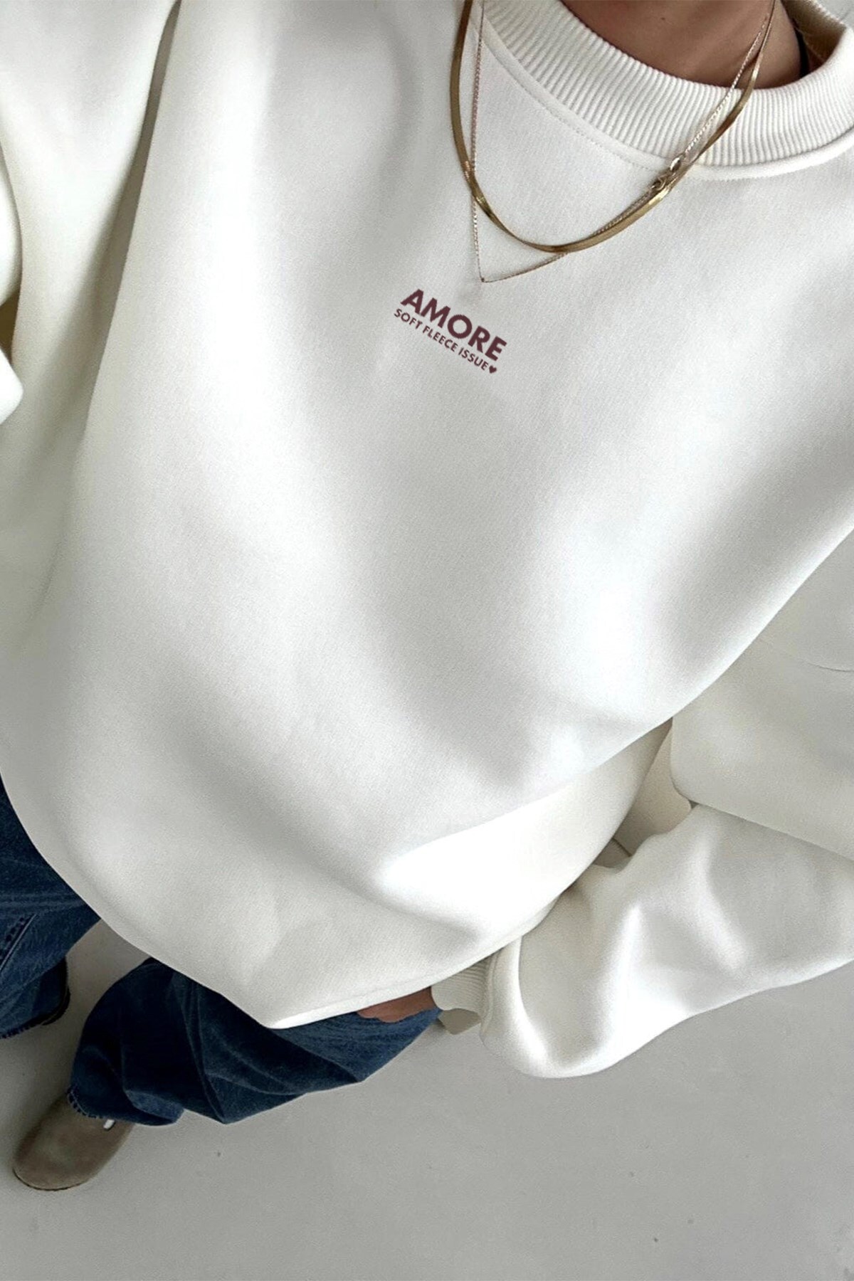 The Champ Clothing Kadın Oversize Sweatshirt AMORE Şardounlu Baskılı Beyaz, Bisiklet Yaka, 3 İplik Şardonlu görsel 7