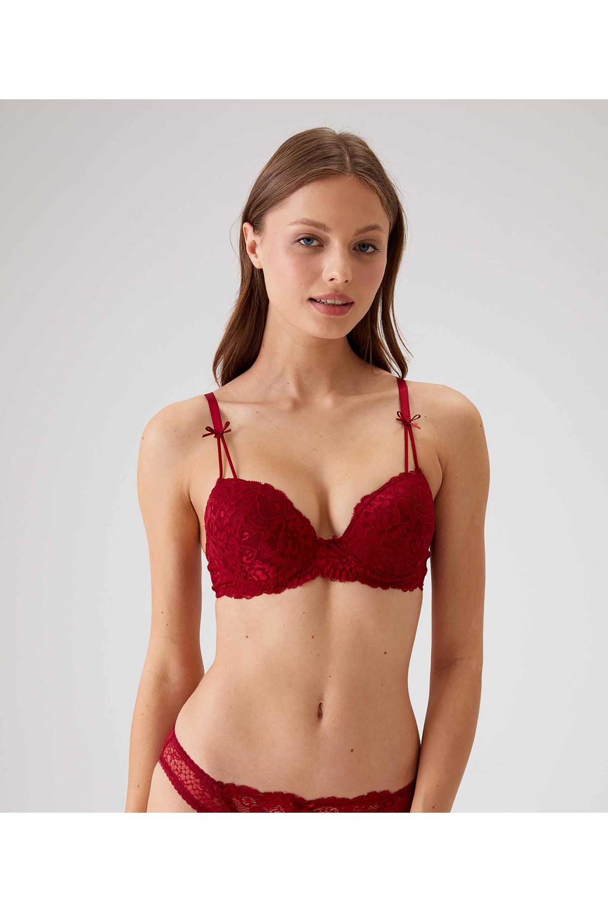 Pierre Cardin 6813 Kadın 2'li Ekonomik Paket Milan Destekli - PushUp Bordo-Siyah Dantelli Sütyen Set görsel 2