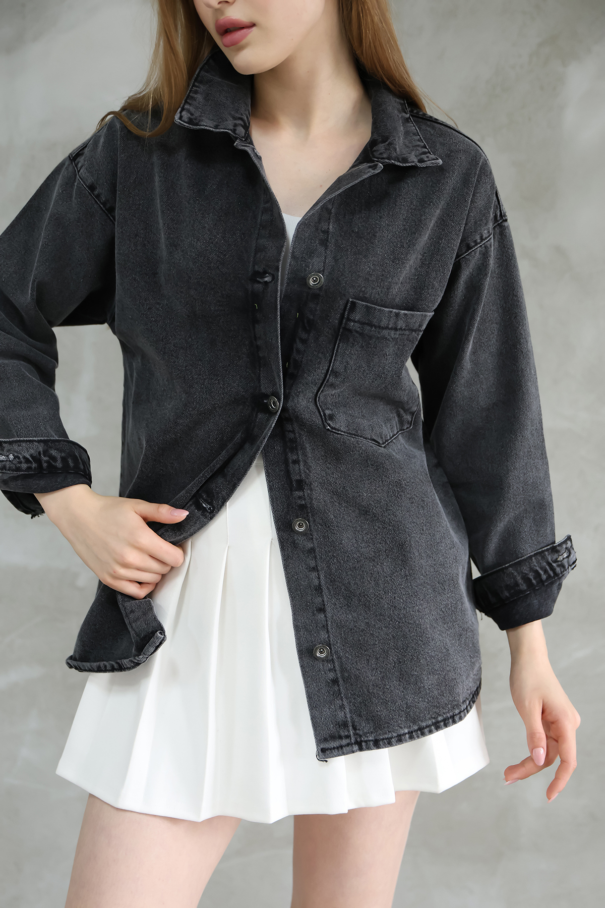 FIREVOGUE  KADIN OVERSIZE YIKAMALI DENIM CEKET - Görsel 5
