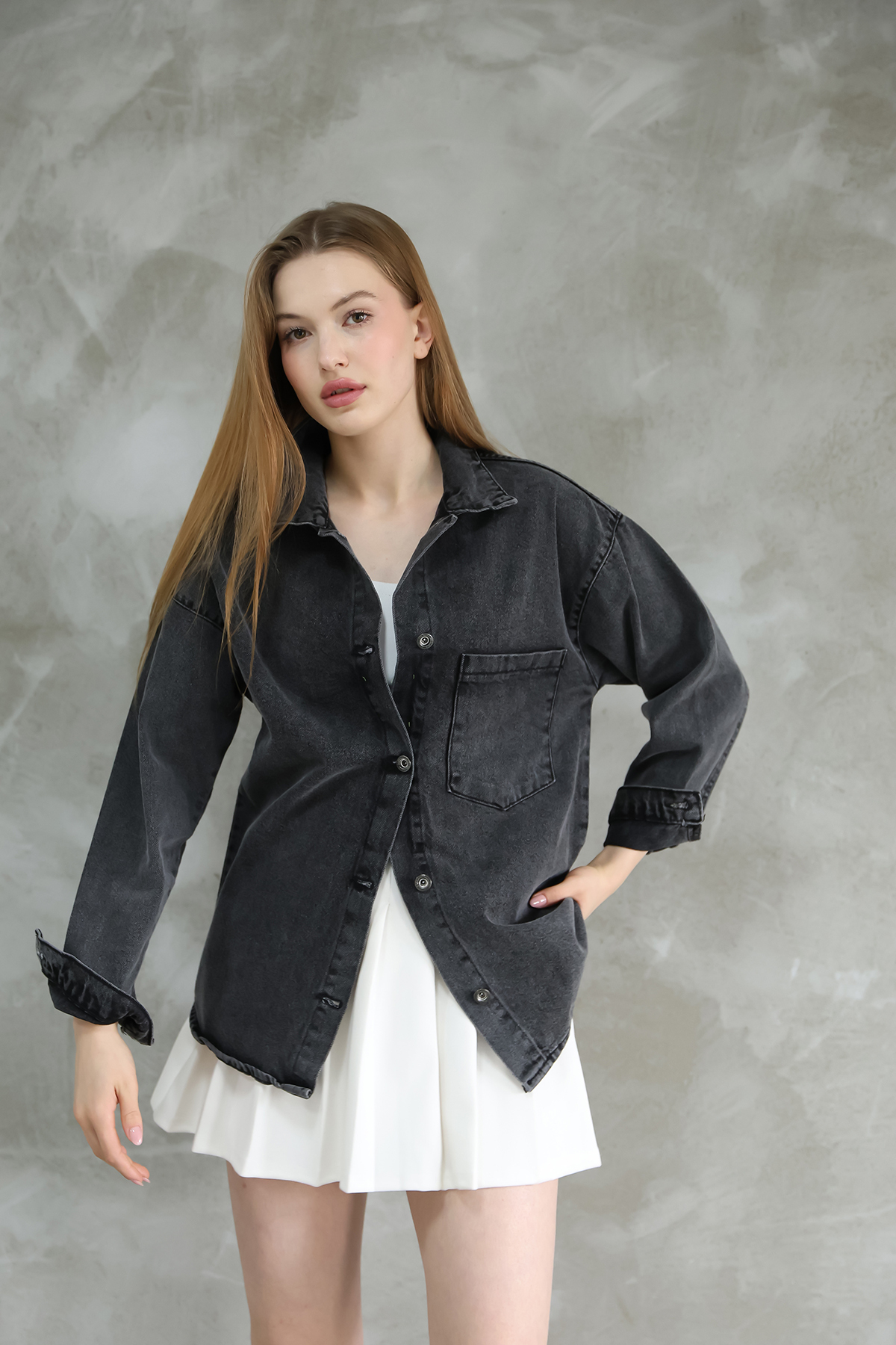 FIREVOGUE  KADIN OVERSIZE YIKAMALI DENIM CEKET - Görsel 2