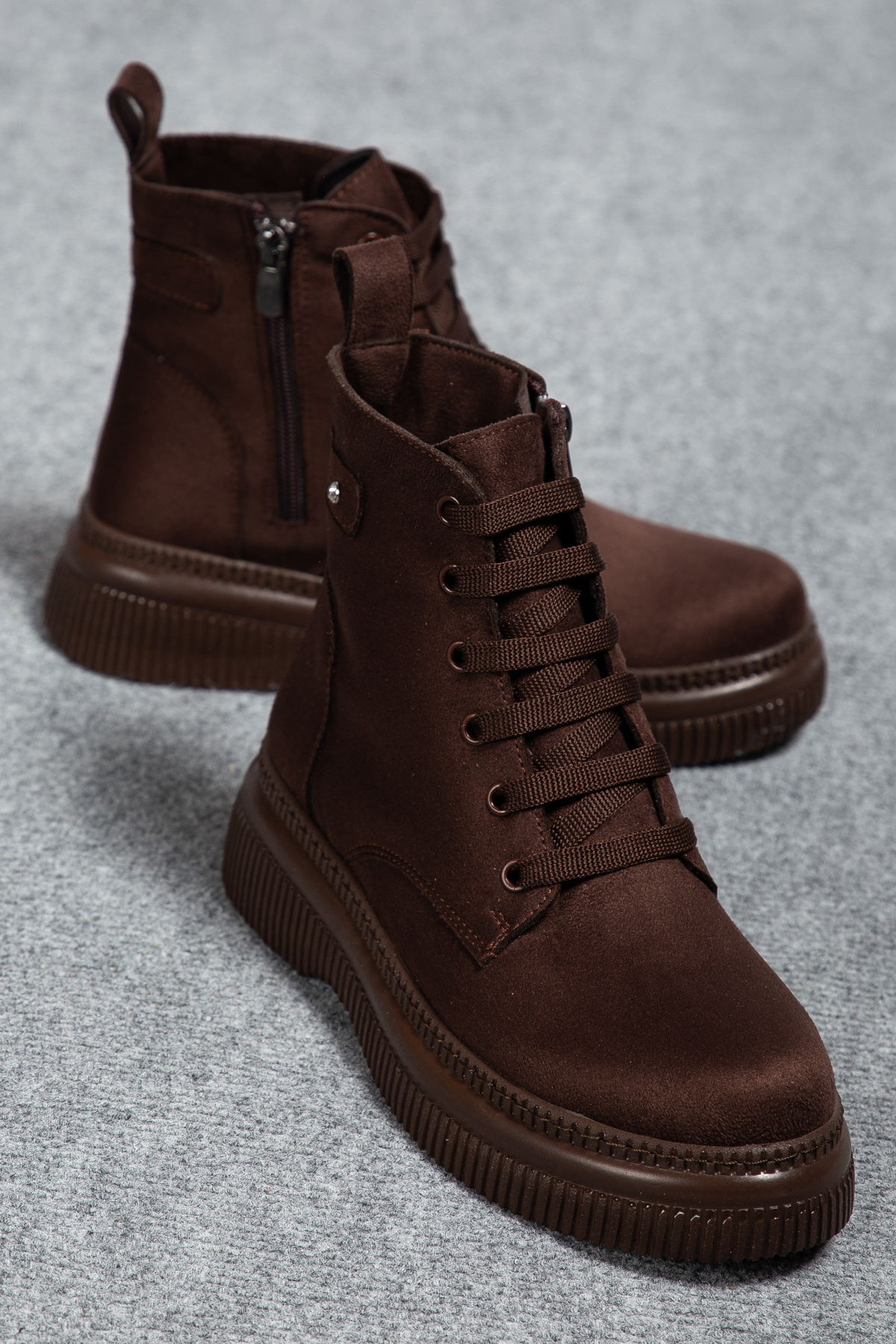 Women's 002 Brown Suede Boots with Gem Laces and Zipper Women's Postal Boots & Bootie