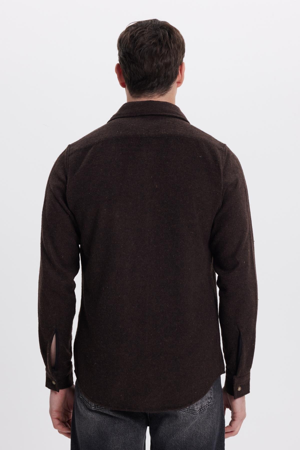 Tudors  Erkek Slim Fit Tek Cep Kapaklı Düz Oduncu Spor Koyu Kahve Gömlek - Görsel 8