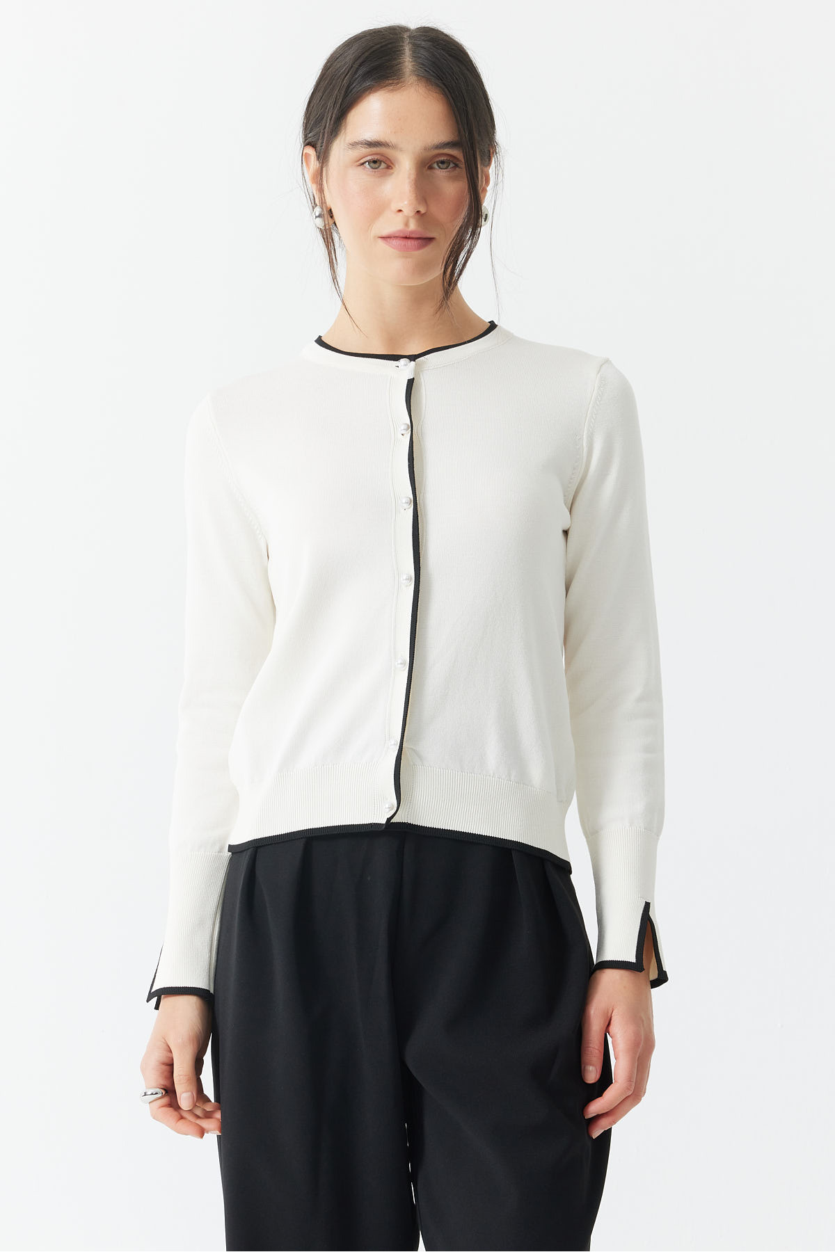 PAULMARK  KADIN PİKE ÖRGÜ BANTLI BİSİKLET YAKA TRIKO HIRKA EM1197 - Görsel 5