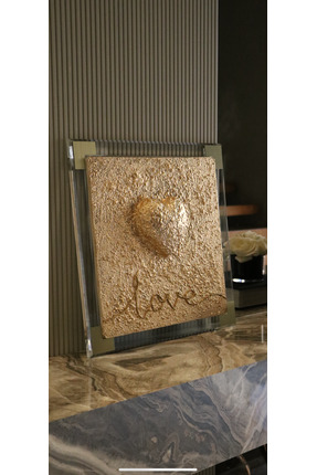 Store BesArt- Rölyef Dokulu Tablo 3d Gold kalp Detaylı Pleksi Çerçeveli Moder...