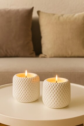 Solea Home Design Örgü Hasır Desenli 2 Adet Beyaz Beton Soya Parafin Mum