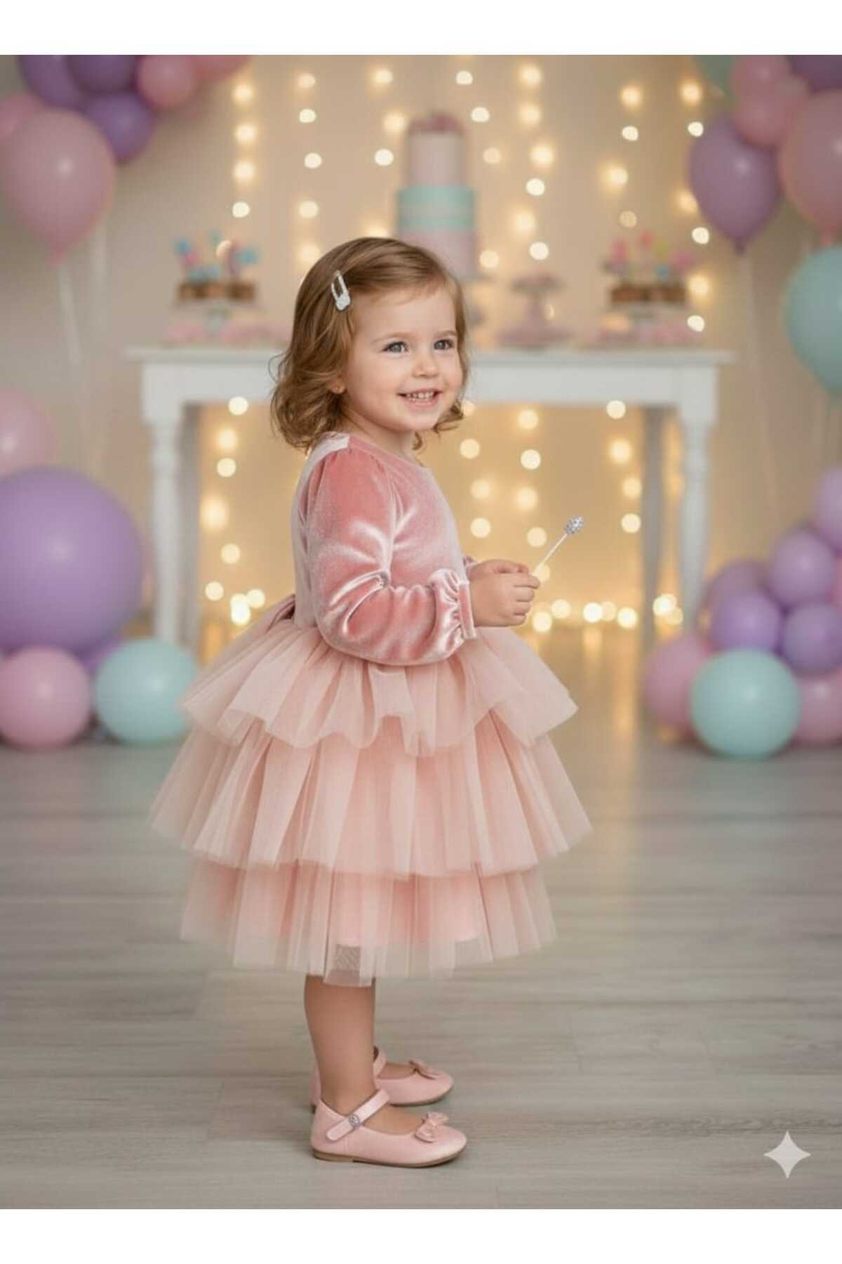 Baby Girl Dress with Pink Velvet Fabric Skirt Layered
