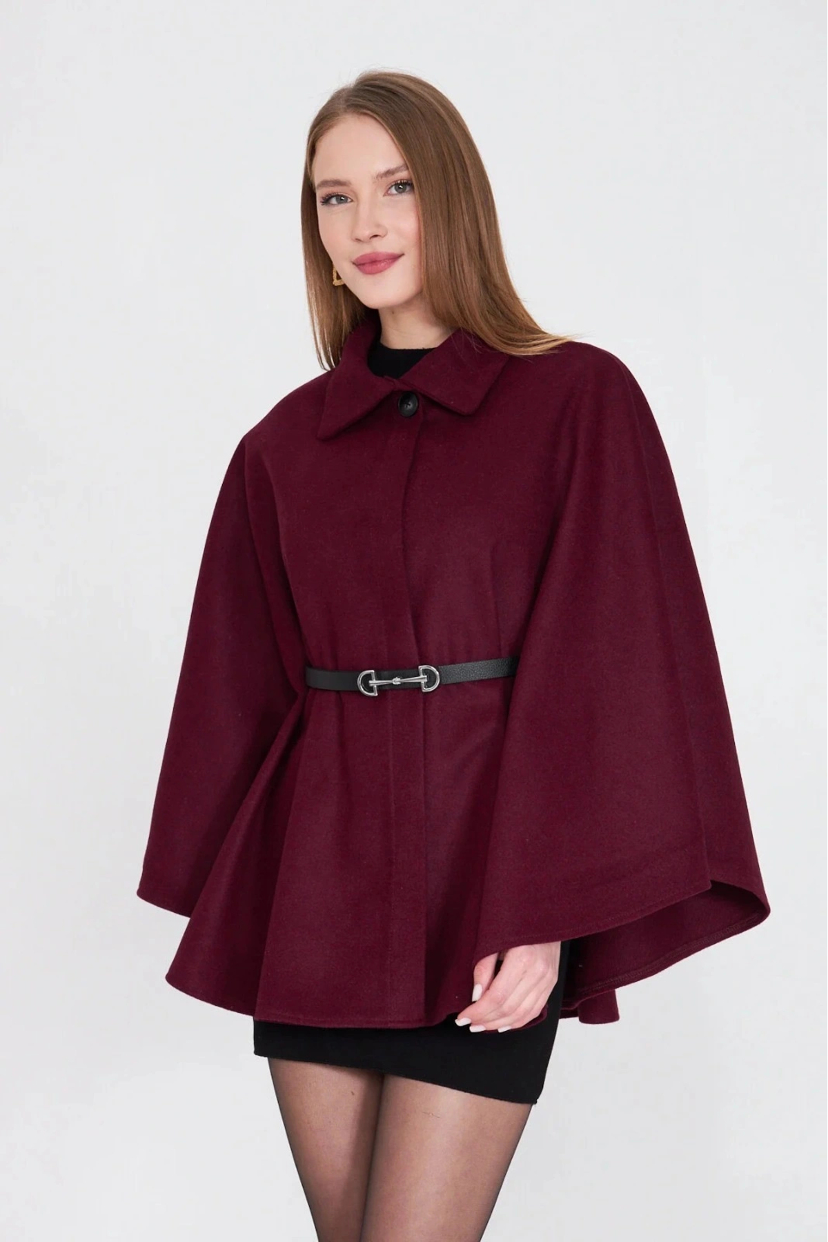 KAZAK  Kemerli kaşe panço bordo pt - Görsel 6