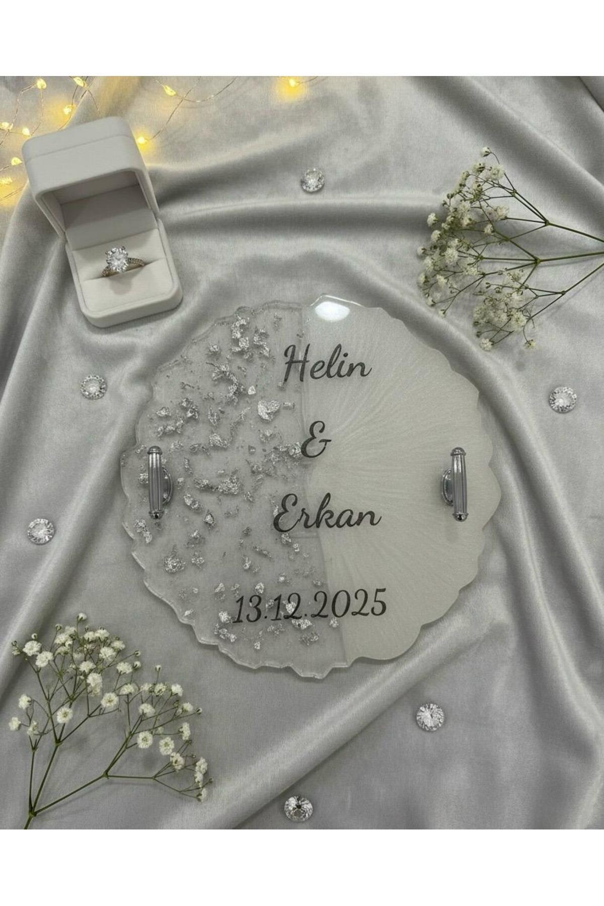 LovEce Epoksi Söz-Nişan Tepsisi/ Damat Tepsisi/ Damat Kahvesi Tepsisi/Kişiye Özel Gümüş Tozlu Tepsi