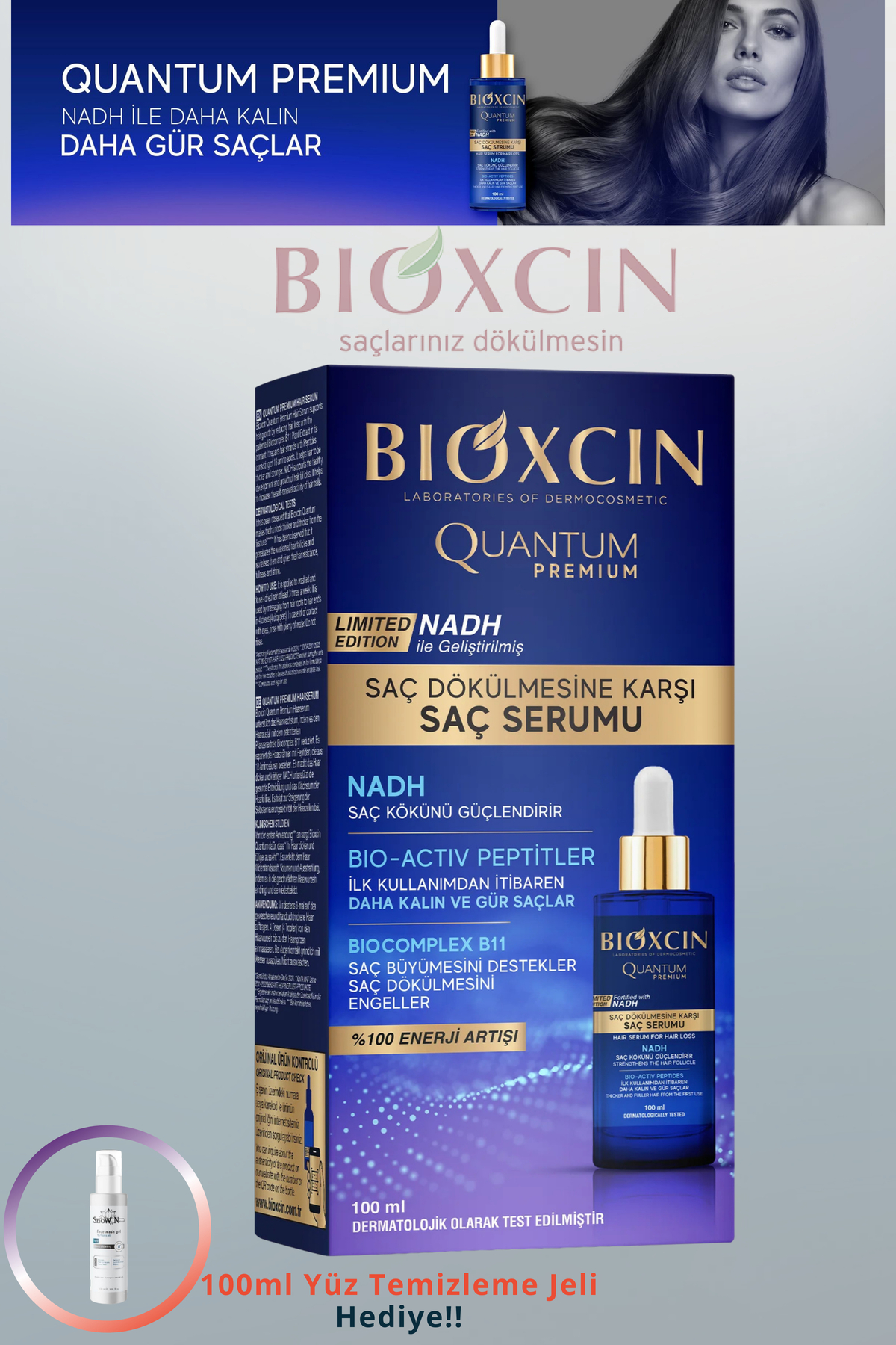 Bioxcin Saç Dökülmesine Karşı Quantum Premium Saç Serumu 100 ML Tüm Saç Tipleri için + 100 ML JEL HEDİYE — dlny-quantumsaçserumu100ml1129