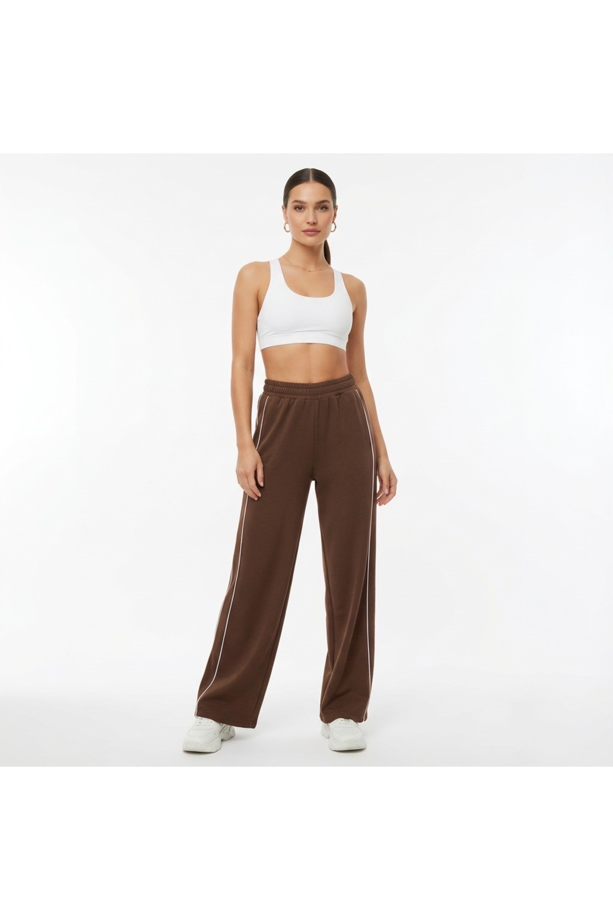 Grenj Fashion  Kahverengi Biyeli Wide Leg/Geniş Paça Örme Spor Eşofman Altı - Görsel 4