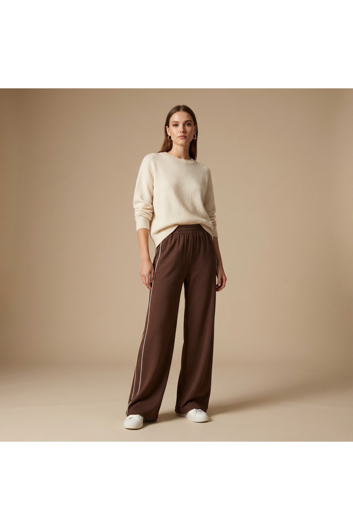 Grenj Fashion  Kahverengi Biyeli Wide Leg/Geniş Paça Örme Spor Eşofman Altı - Görsel 2