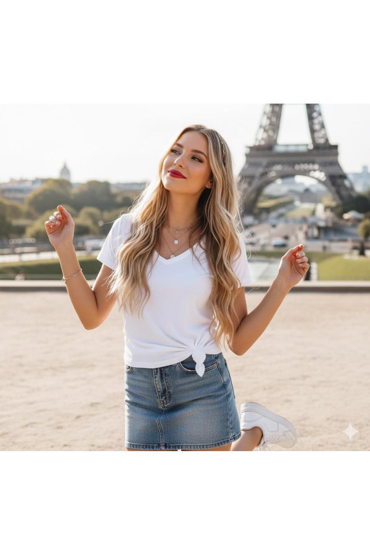 FAVORİST  Kadın Düz Basic V yaka T-shirt - Görsel 3