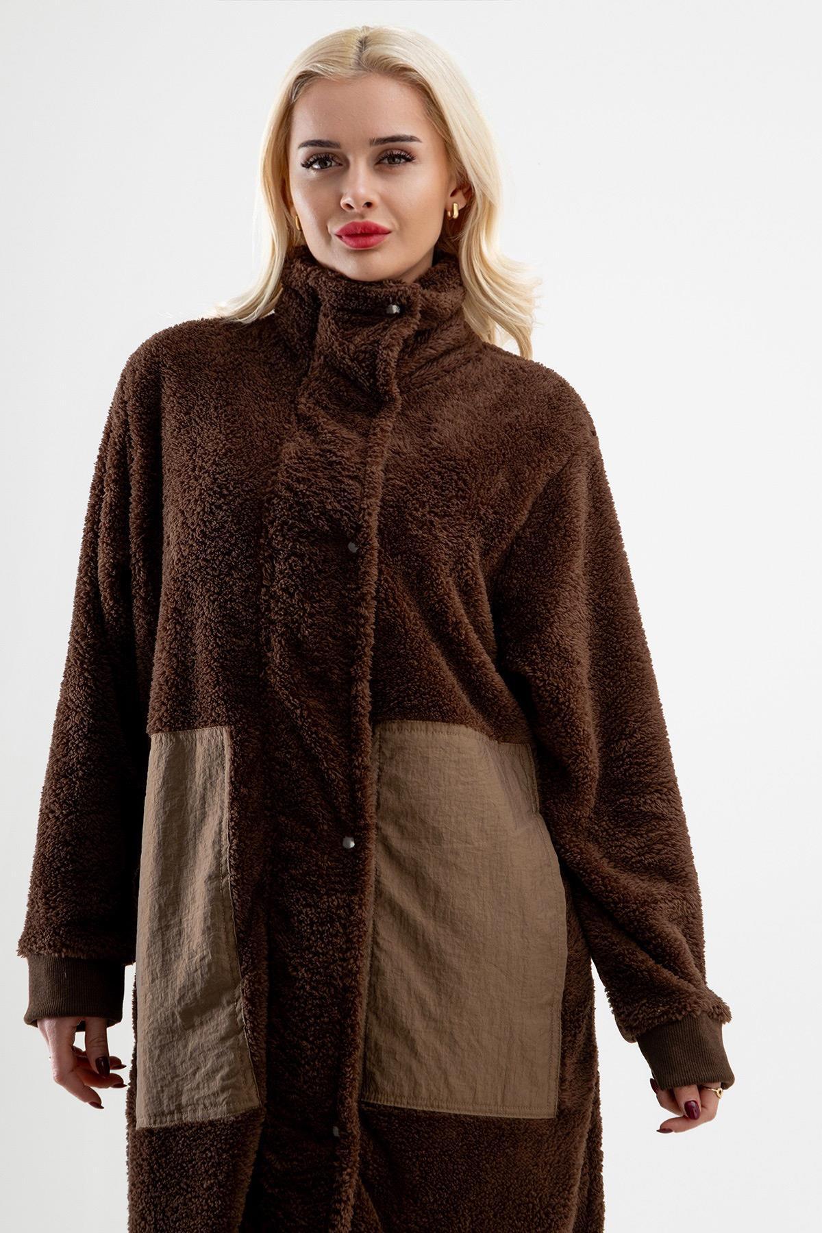 Bold & Young  Dik Yakalı Paraşüt Karışımlı Wellsoft Peluş Fermuarlı Çıtçıtlı Manto - Görsel 6