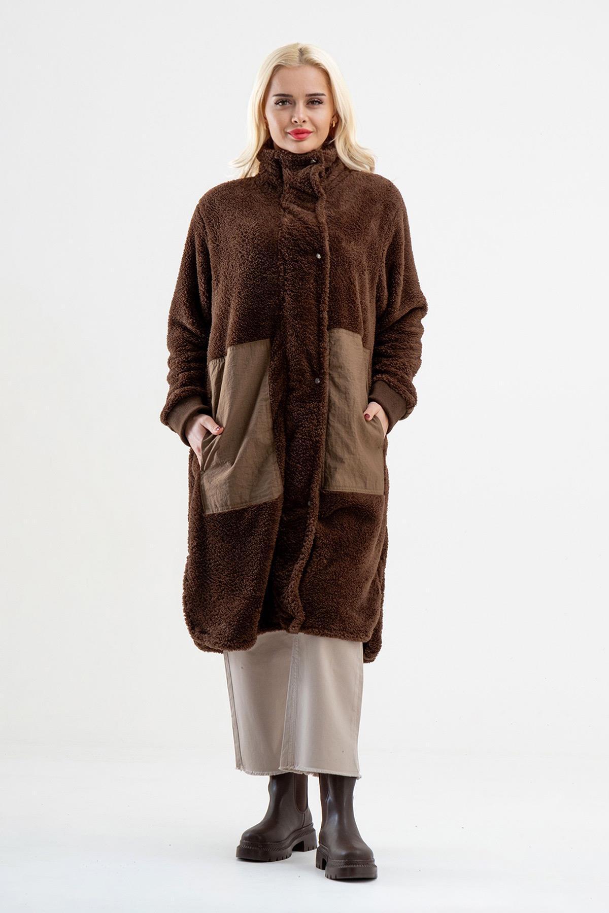 Bold & Young  Dik Yakalı Paraşüt Karışımlı Wellsoft Peluş Fermuarlı Çıtçıtlı Manto