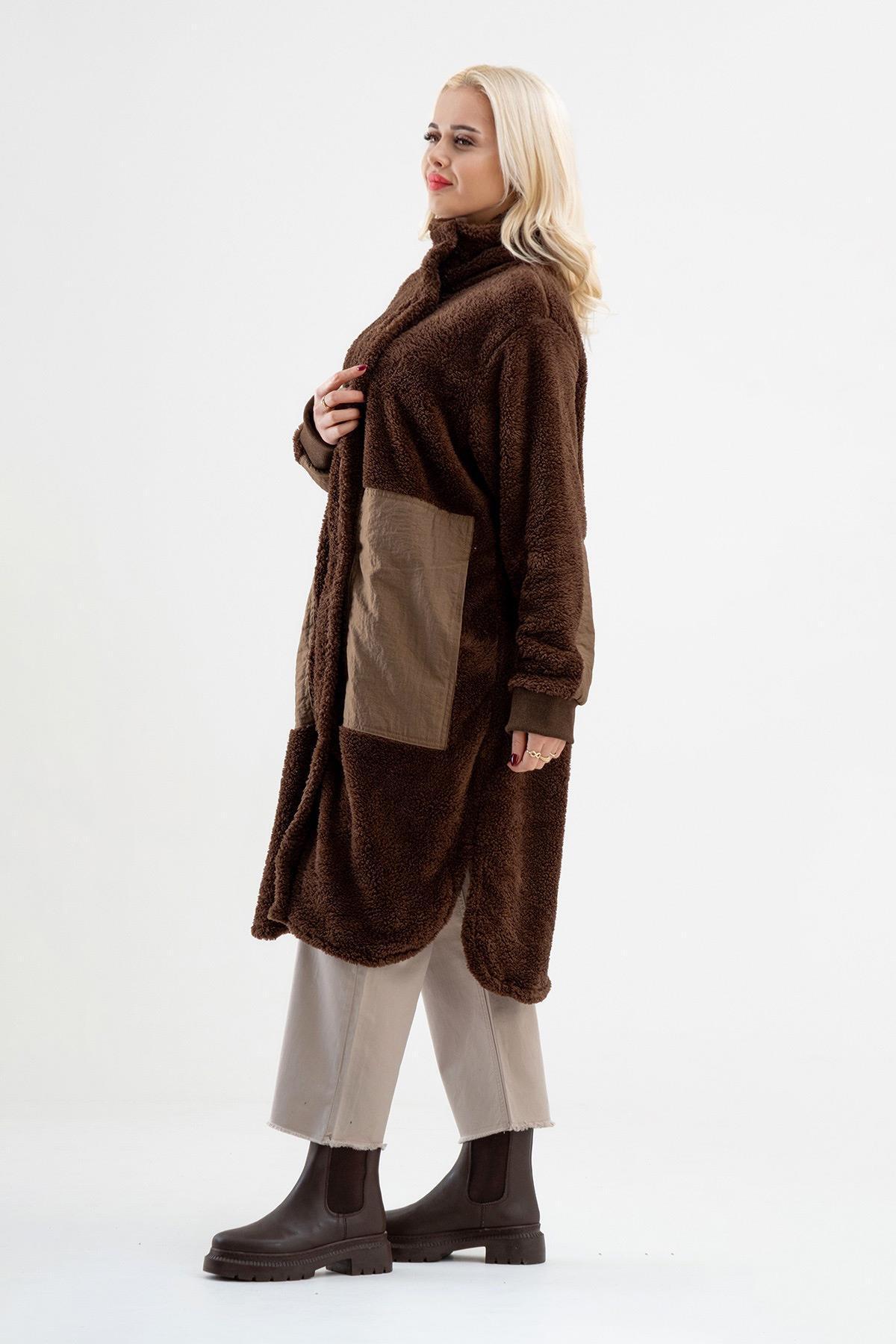 Bold & Young  Dik Yakalı Paraşüt Karışımlı Wellsoft Peluş Fermuarlı Çıtçıtlı Manto - Görsel 2