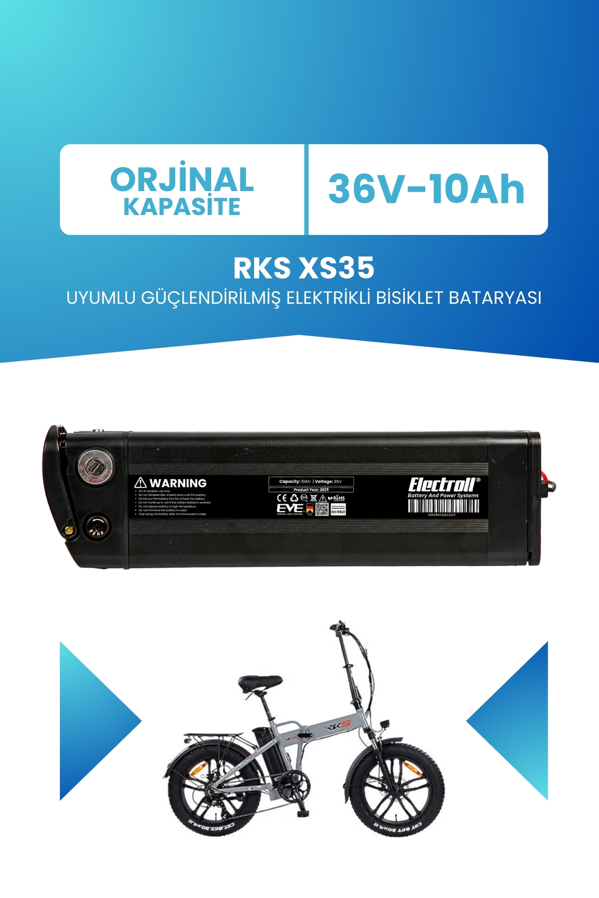 33 Rks ELECTROLL RKS XS35 Uyumlu Batarya 36V 10Ah Güçlendirilmiş Elektrikli ...