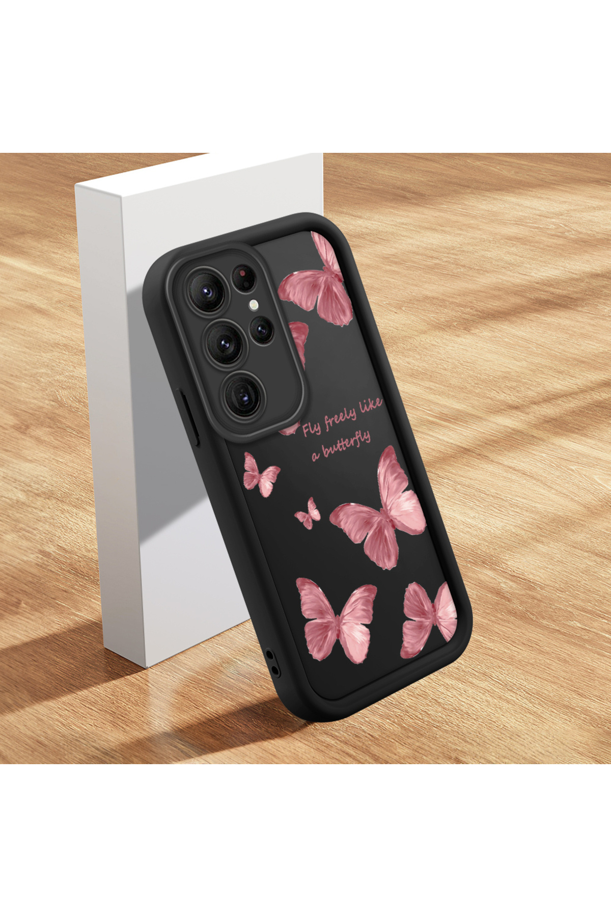 Samsung Galaxy S22 Ultra Compatible Black Silicone Butterfly Pattern Shockproof Case