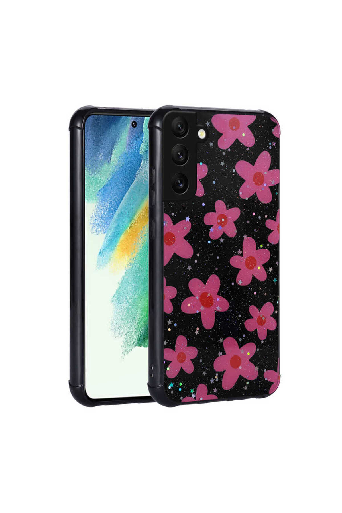 Galaxy S21 FE Uyumlu Simli Desenli Kamera Korumalı Parlak TCMK Popy Kılıf-Çiçek