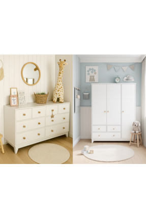 Koza %100 MDF Bonnie 3 Kapılı Dolap & 8 Çekmeceli Şifonyer