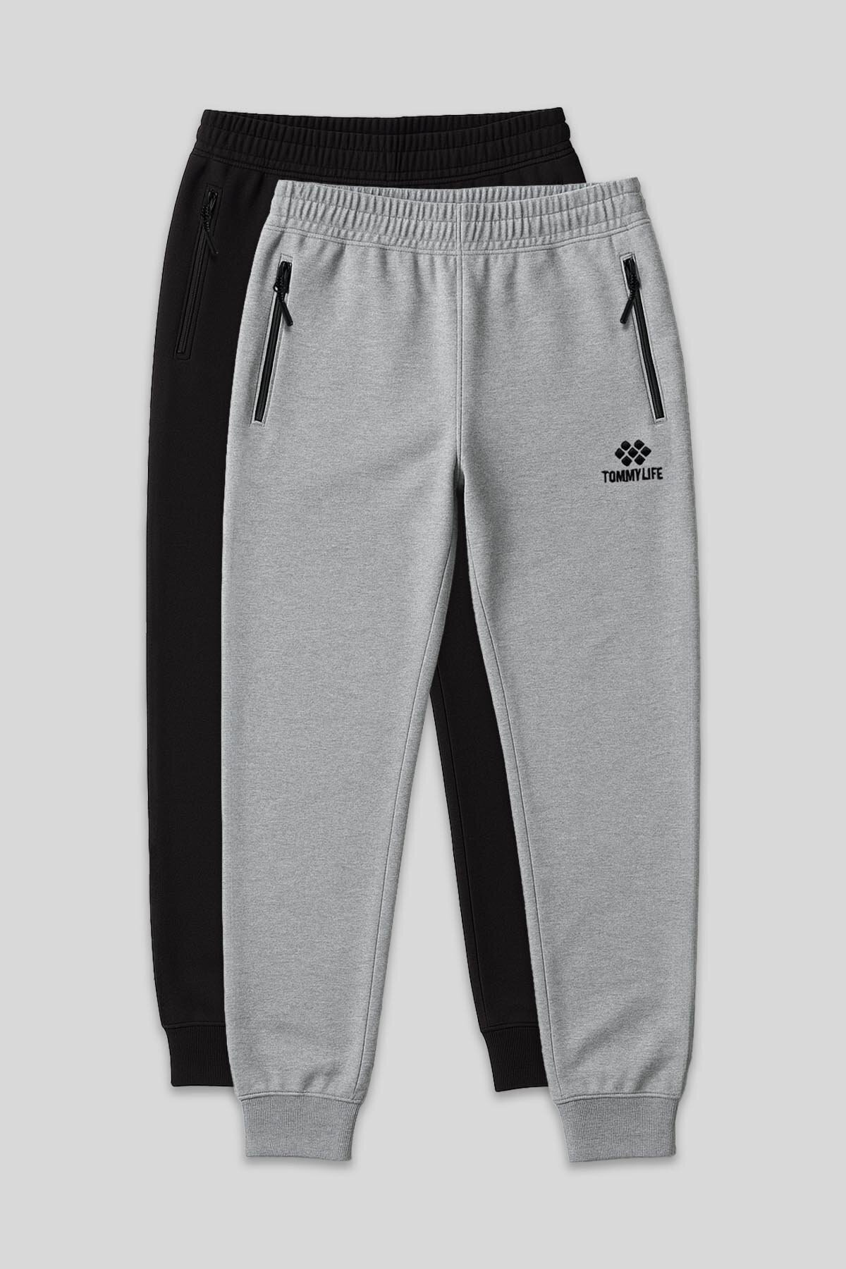 TOMMY LIFE  Standart Kalıp 2li Paket Siyah-Gri Melanj Erkek Eşofman Alt - 84587