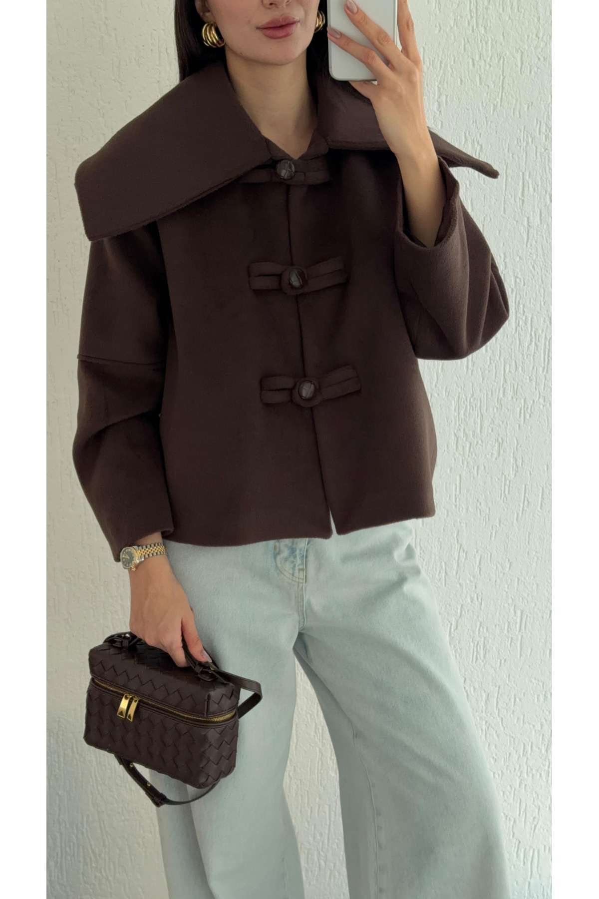 My Blog  Kahverengi Düğme Detaylı Kısa Kaşe Ceket - 7675 - Görsel 3