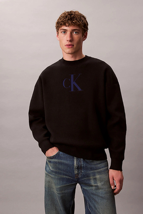 Calvin Klein Uzun Kollu Pamuklu Kaşmir 3D Logolu Bisiklet Yaka Erkek Siyah Ka...