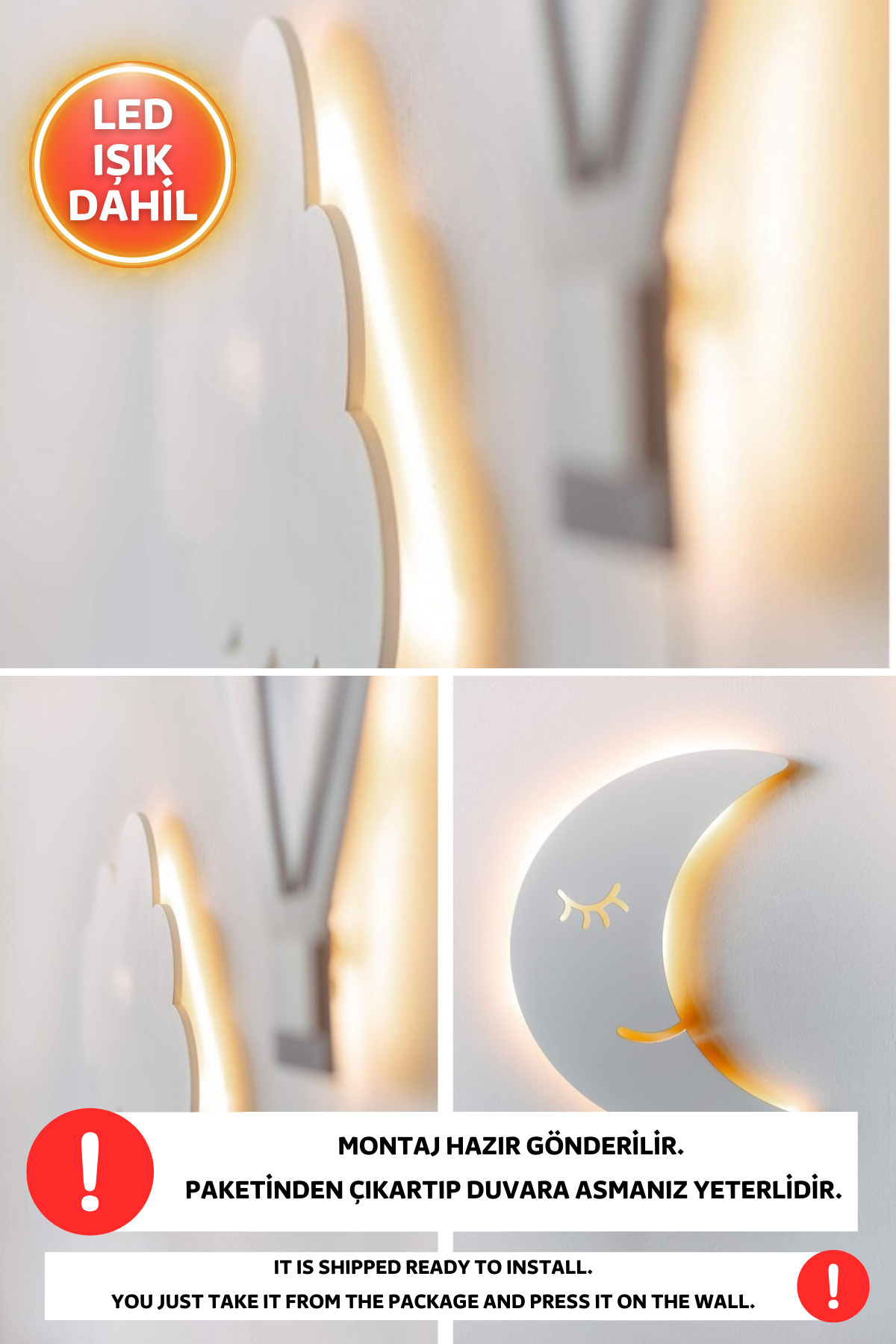 Dekorvin 3lü Set 1 Bulut 1 Ay ve 1 Balon Led Işık Gece Lambası Bebek Çocuk Odası Duvar Dekorasyon Ahşap Lamba fotoğrafı 2 (önizleme)