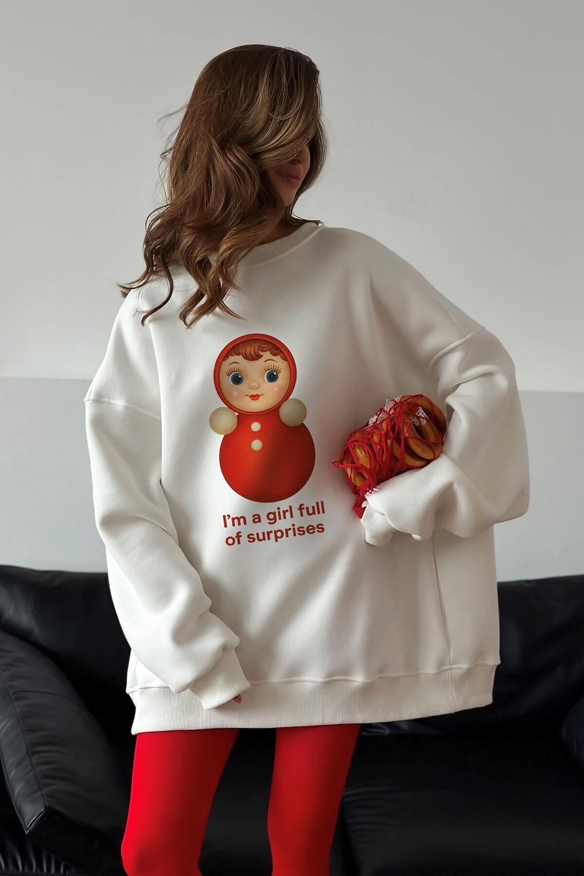 Women's Oversize Sweatshirt Dress Matryoshka Girl Printed White – Crew Neck, 3 Yarn Fleece
