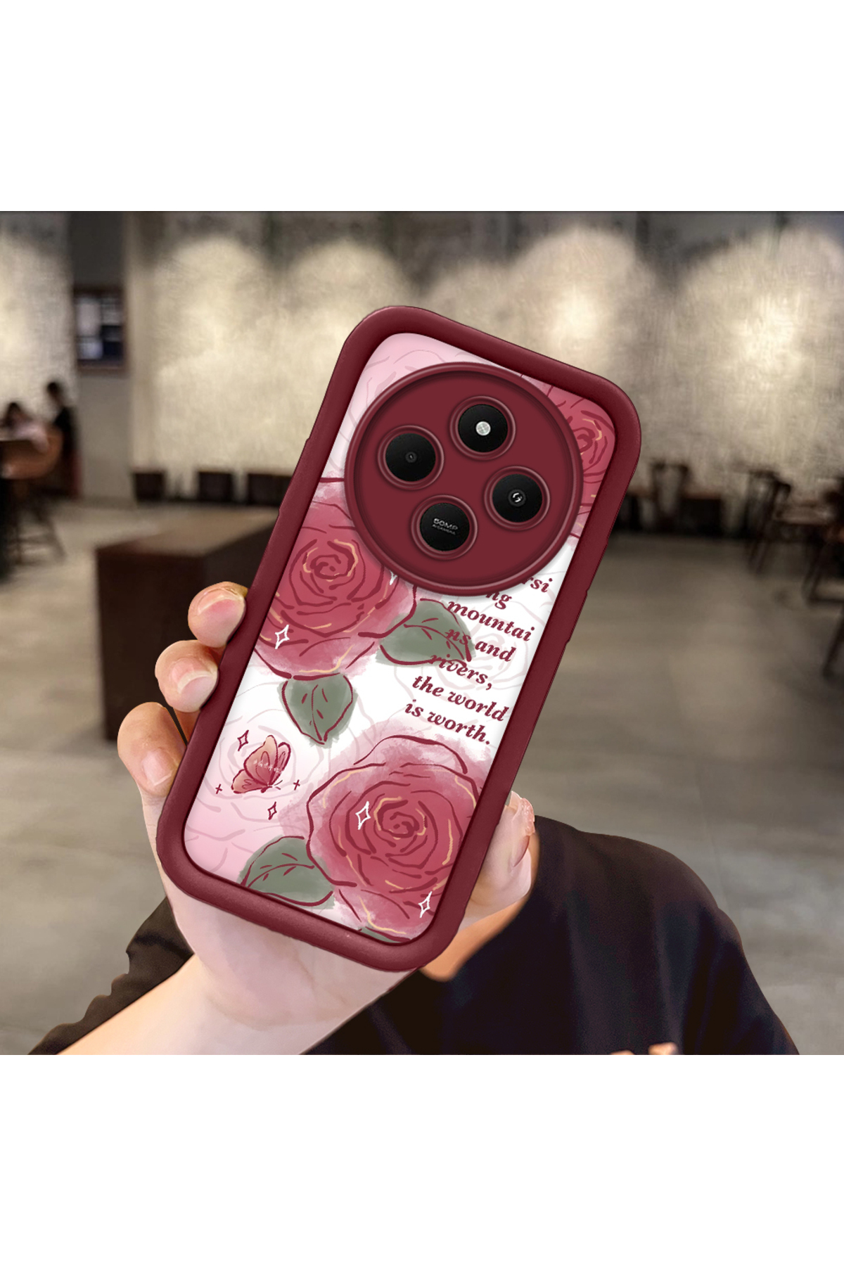 Xiaomi Redmi 14c Compatible Lovely Rose Pattern Claret Red Silicone Impact Protection Case