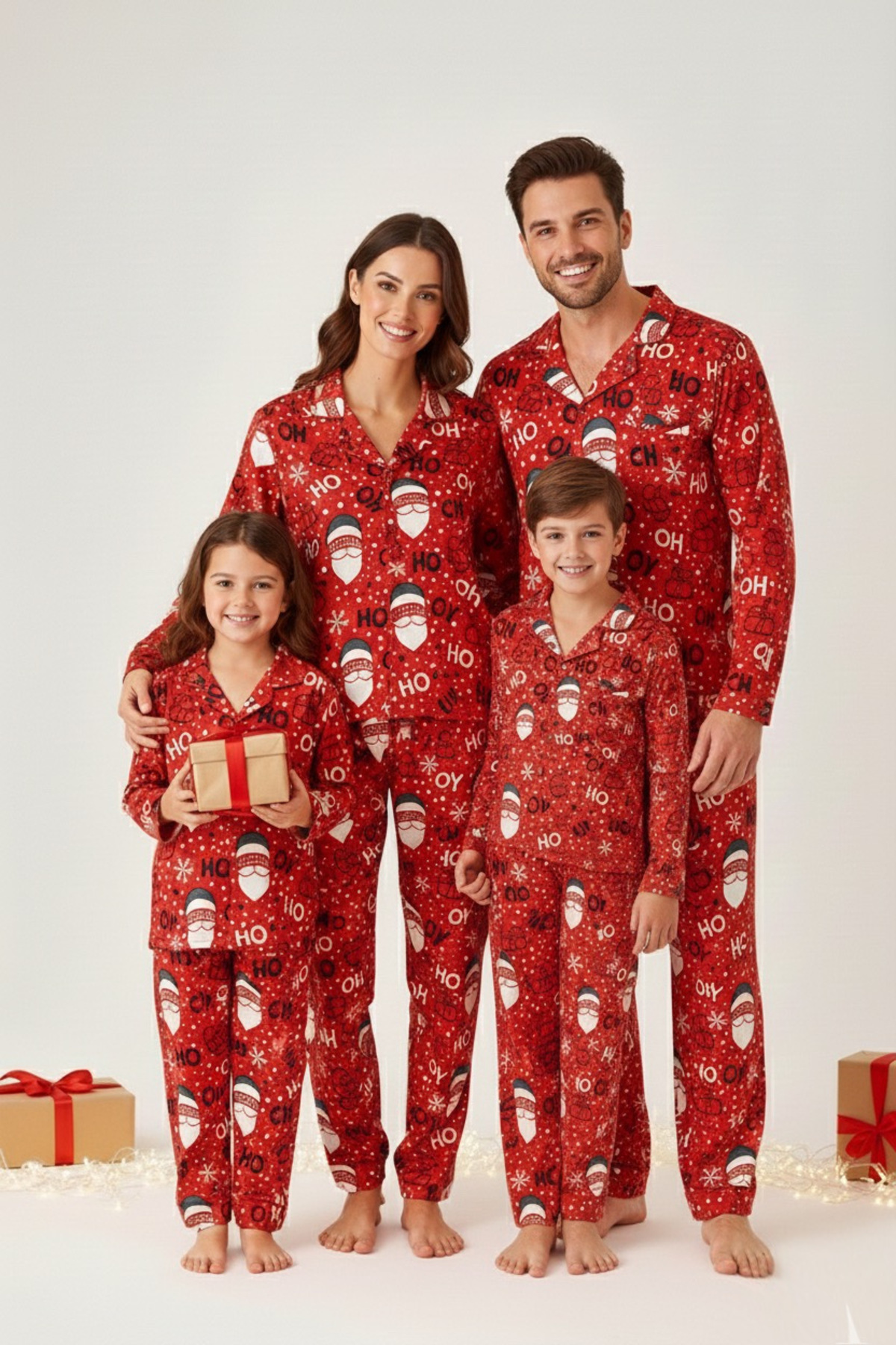 Free Beka Yılbaşı Desenli Kırmızı Uzun Kollu Önden Düğmeli Gömlek Yaka Aile Pijama Takımı Kombini