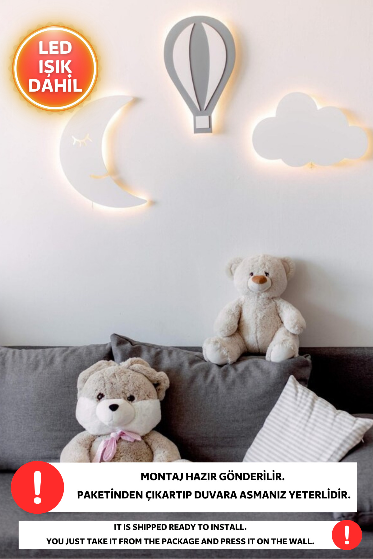 Dekorvin 3lü Set 1 Bulut 1 Ay ve 1 Balon Led Işık Gece Lambası Bebek Çocuk Odası Duvar Dekorasyon Ahşap Lamba fotoğrafı 3 (önizleme)