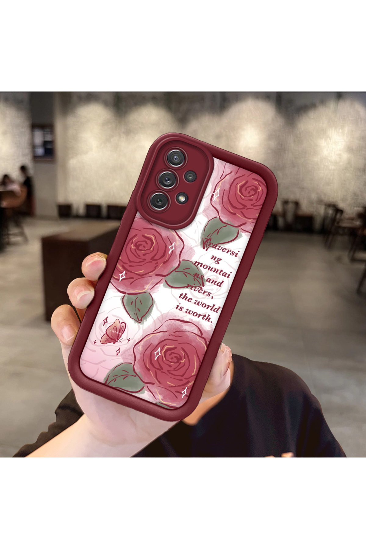 Samsung Galaxy A72 Compatible Beautiful Rose Patterned Burgundy Silicone Shockproof Case