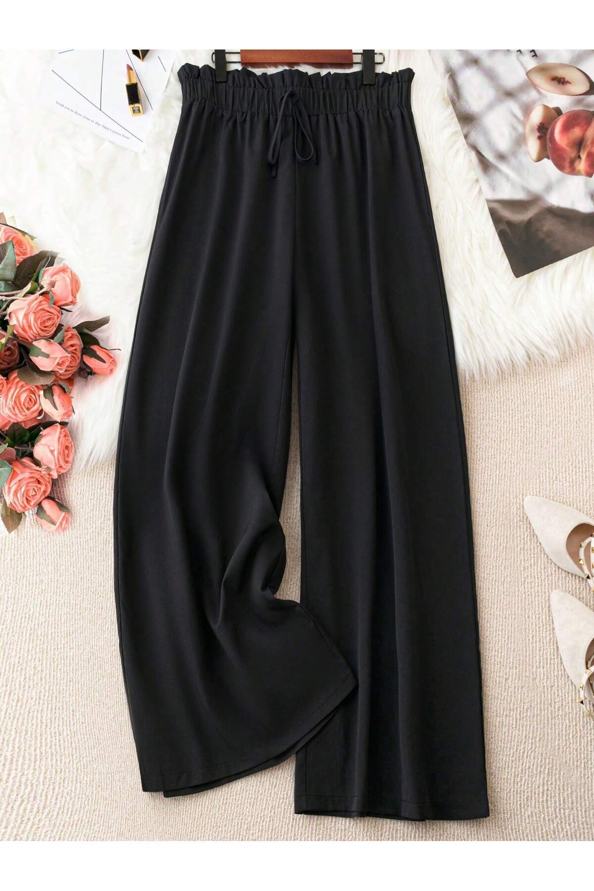 SPORTİVEA  Kadın Beli Lastikli Büyük Beden Palazzo Pantolon - Görsel 5
