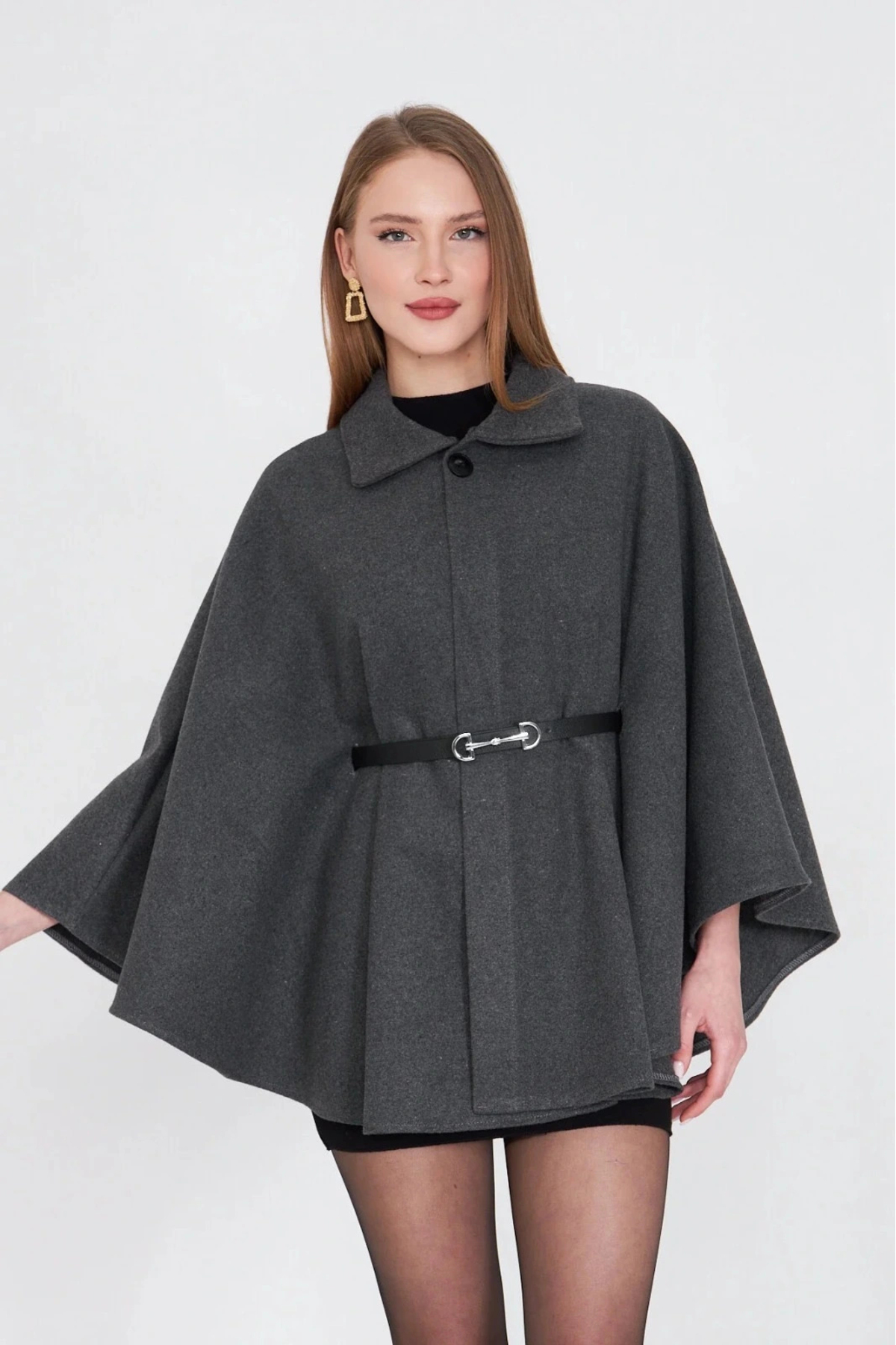 KAZAX  Kemerli kaşe panço antrasit pt - Görsel 6