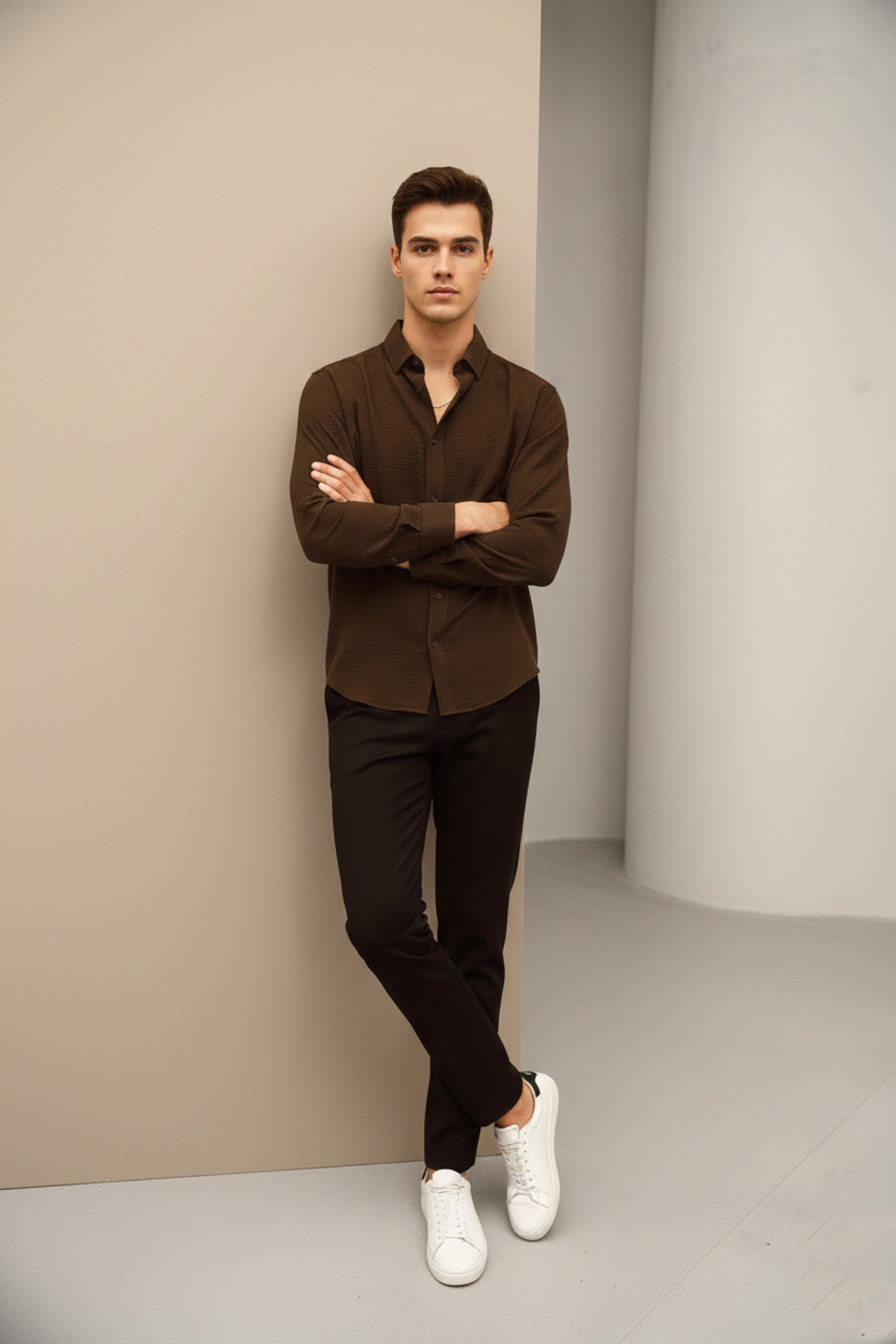 Bürke  Keten Dokulu Kahve Yarım Oversize Yazlık Erkek Gömlek - Görsel 6