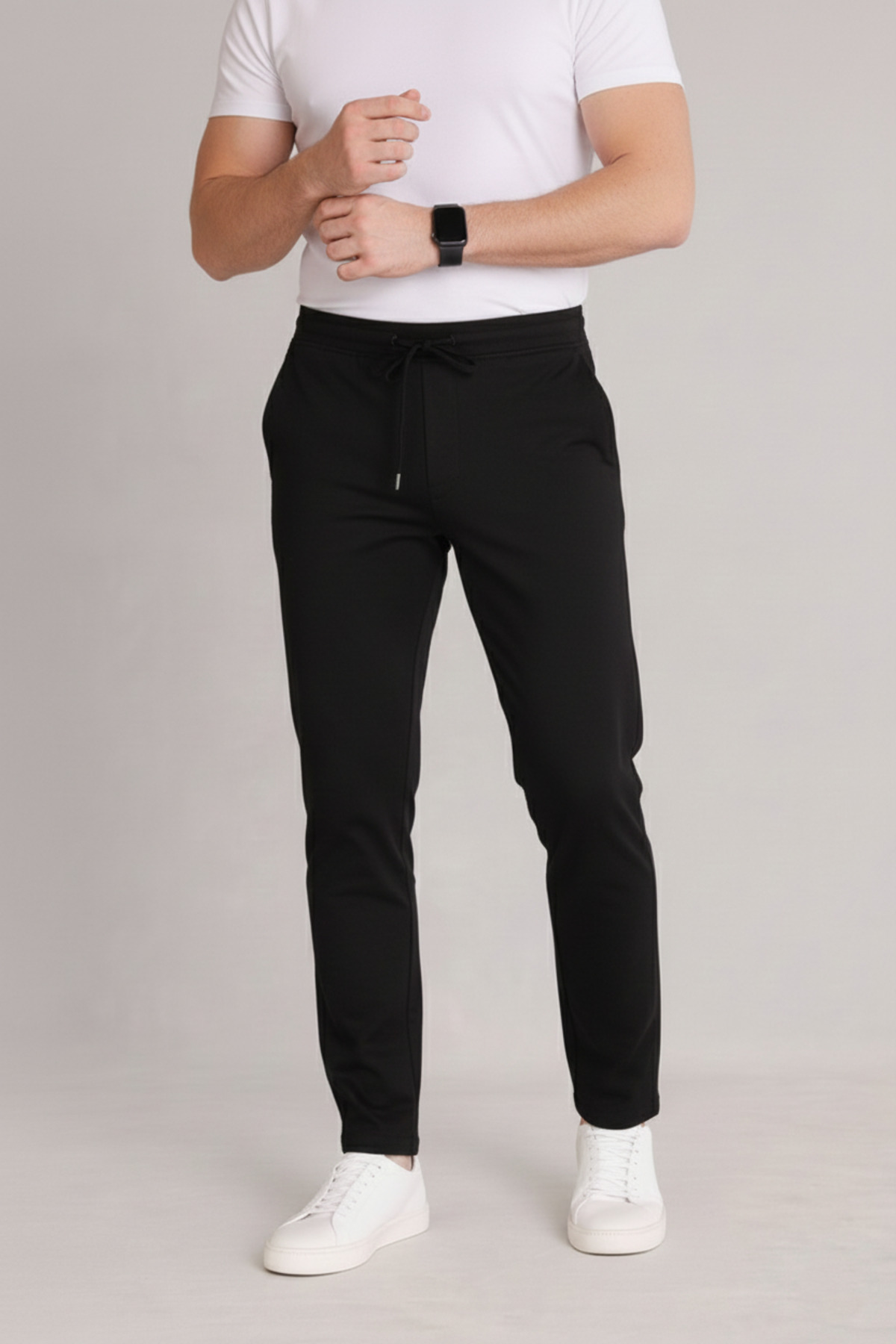 Erkek Siyah Beli Lastikli Bağcıklı Duble Paça Jogger Pantolon — مشکی BRKJGR1 — تصویر 6 از 6